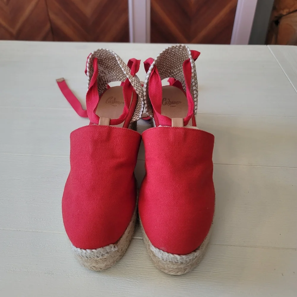 Castaner Red Canvas Wedge Espadrilles with Ankle Ties